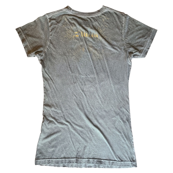 Sinful by Affliction Women’s Graphic Tee Gray Gold Foil Buckle Shirt Medium - Picture 3 of 8